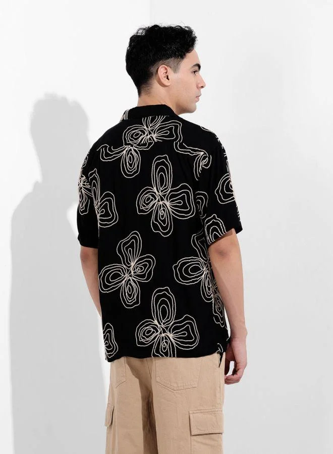 The Indian Garage Co Men Relaxed Fit Textured Cuban Collar Half Sleeves Shirt